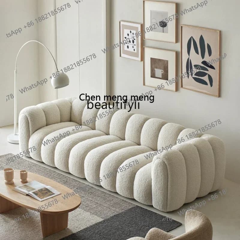 X   A15 Sheep Fabric Sofa French Cream Style Lambswool Small Apartment Living Room Straight Row Three-Seat