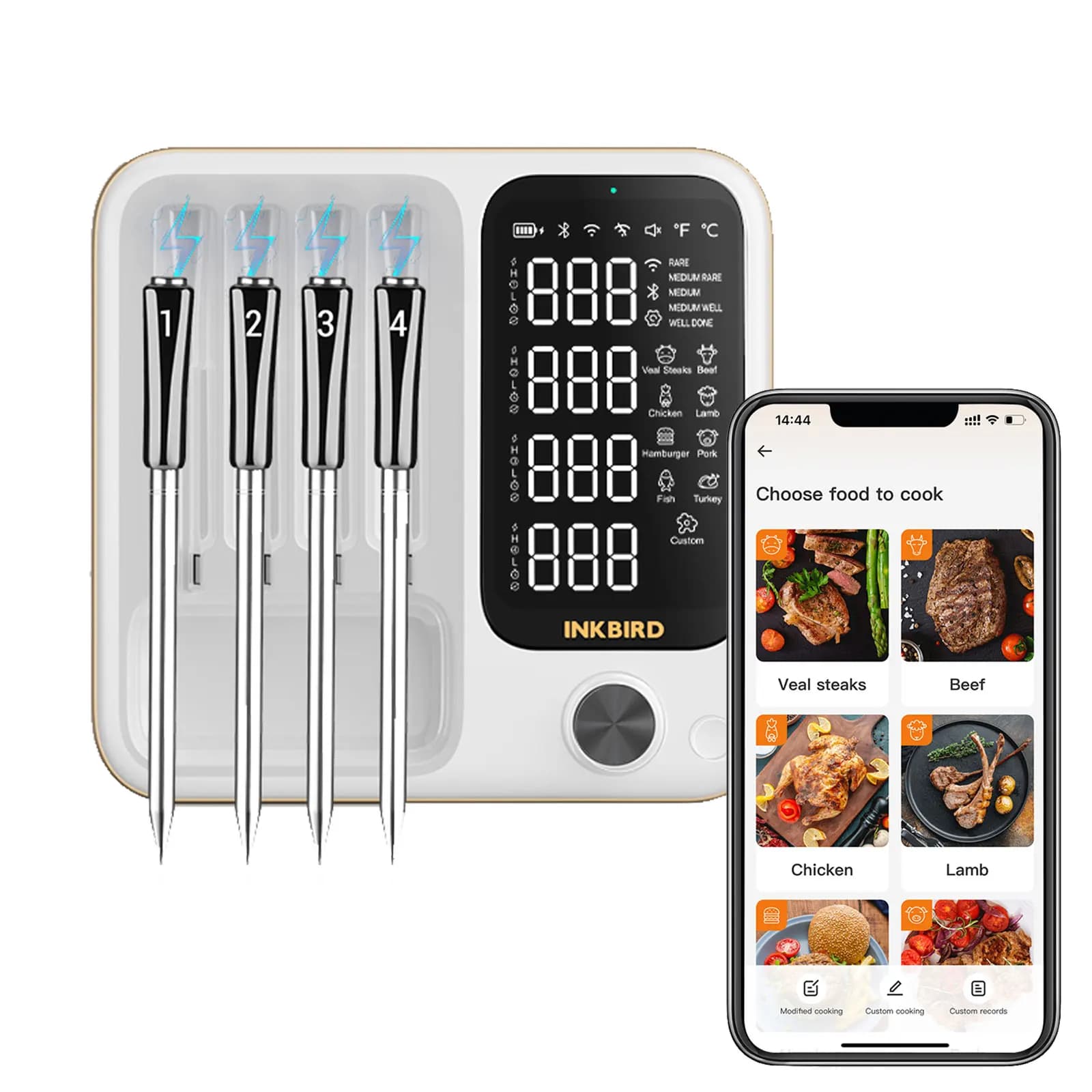 INKBIRD Wireless Bluetooth Meat Thermometer with 4 Probes Full View LCD with Backlight IP67 Waterproof Thermometer for BBQ