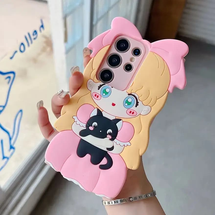 Cute Pastel Sweet Bow Doll Kitten Phone Case for S26 Ultra Cartoon Soft Silicone Protective Cover for Samsung Galaxy S25 S23 A57