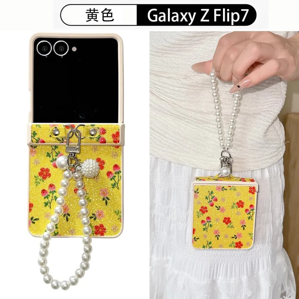 For Samsung Galaxy Z Flip 7 5G Glitter Flower Phone Case Hinge Protective PC Hard Shell Shockproof Bracelet Back Cover