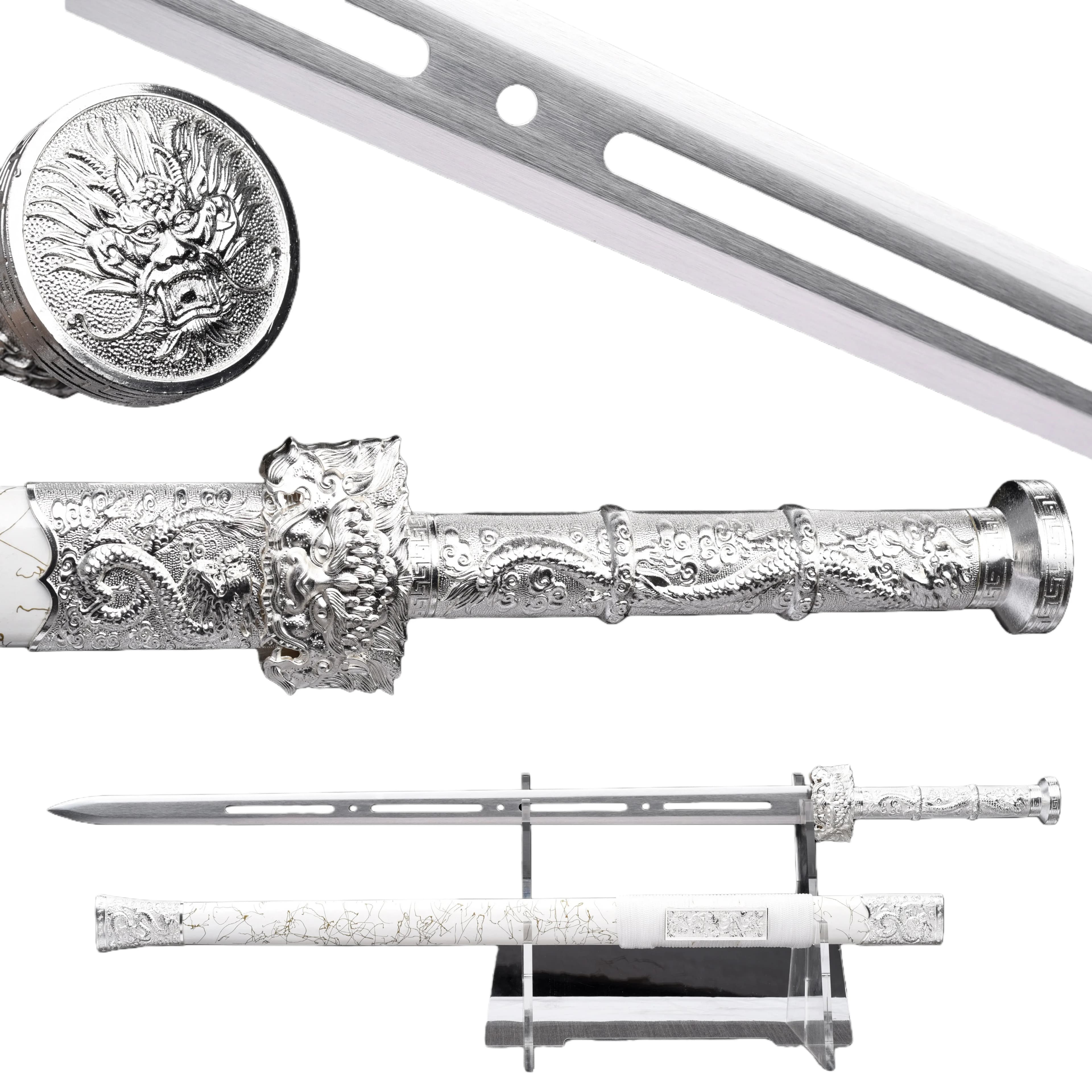 Chinese Kowloon Silver samurai Sword, medieval retro sharp Japanese katana, training full-handle combat preparation for martial