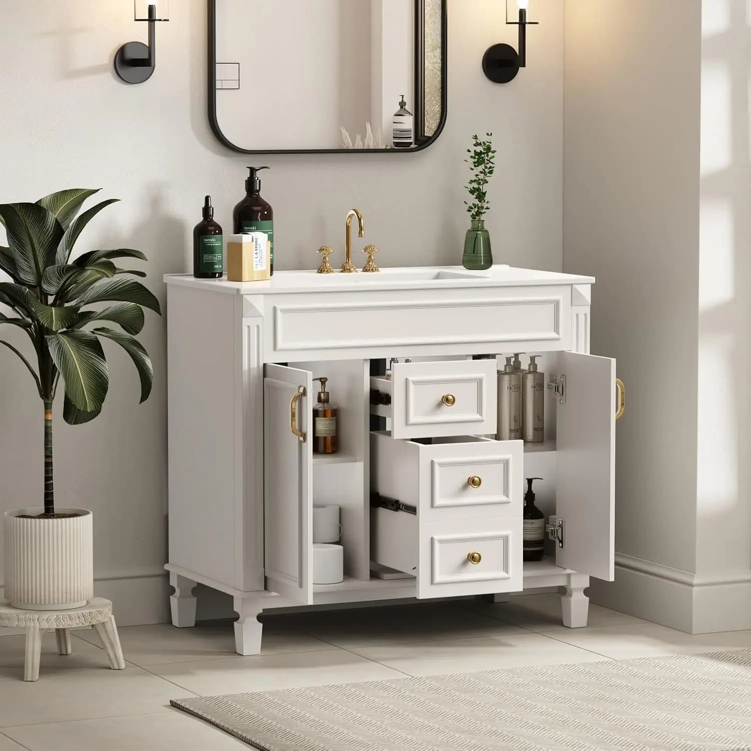 36" Bathroom Vanity with Sink, Solid Wood Frame Modern with Charging Station, Freestanding Bathroom Single Sink Cabinet