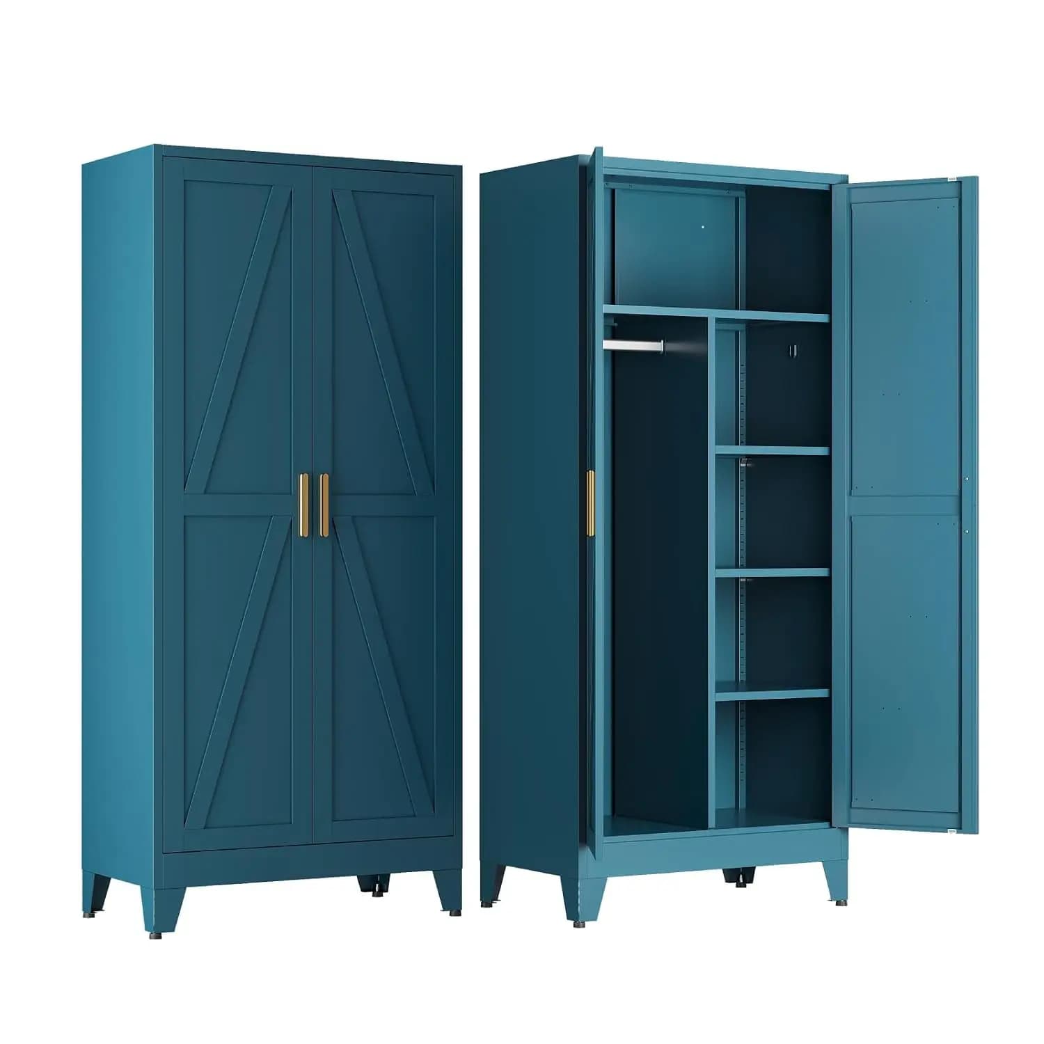 71'' Tall Wardrobe Closet with Doors, Metal Bedroom Armoire with Adjustable Hanging Rod and Shelves, Farmhouse, Customized