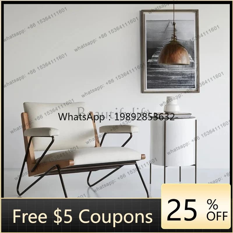 FF Nordic single sofa chair solid wood fabric single chair small lazy chair balcony bedroom wrought iron leisure sofa