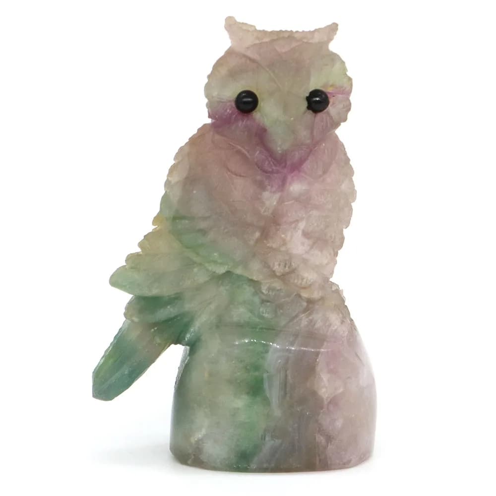 3" Owl Statue Natural Gemstone Fluorite Crystal Hand Carved Reiki Healing Feng Shui Stone Figurine Crafts Home Decoration Gifts