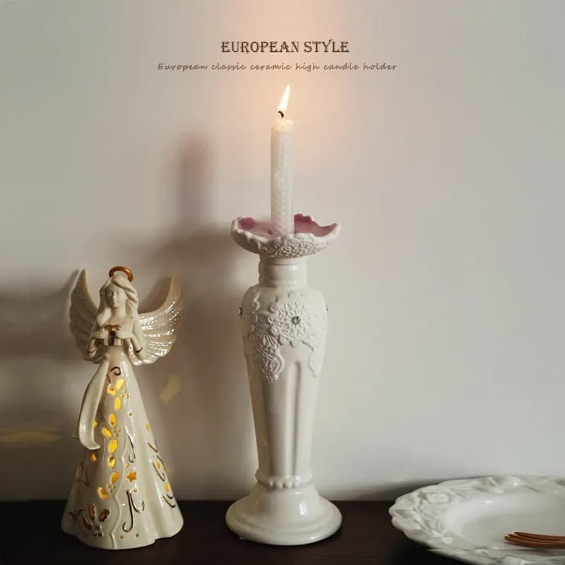 2026 Retro Candlestick Baroque European Relief Three-dimensional Pattern Ceramic Roman Column High Candlesticks Home Decoration