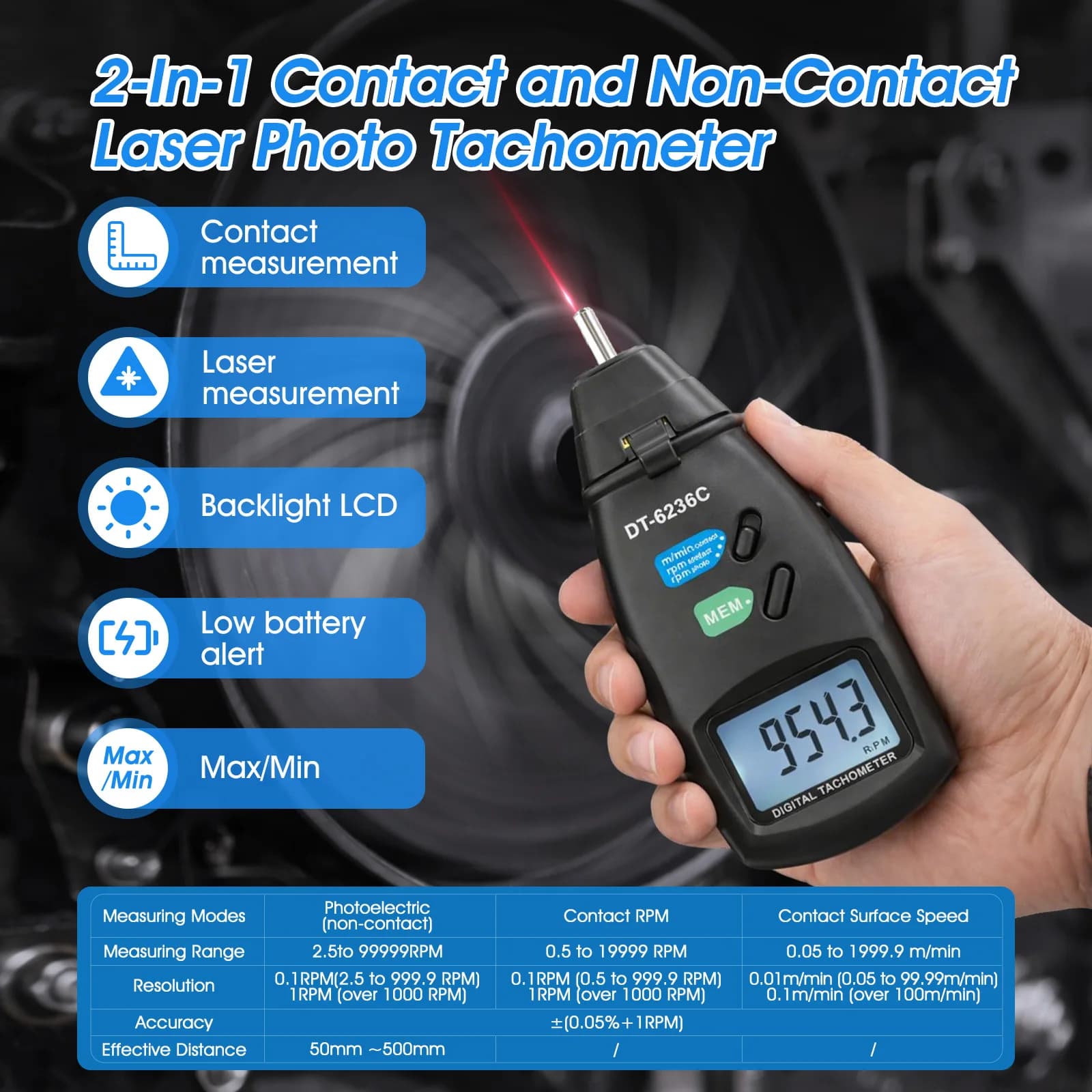 2-in-1 Digital Tachometer Contact Photo RPM Meter Laser Surface Speed Tester LCD Display for Motor Engine Conveyor Machine