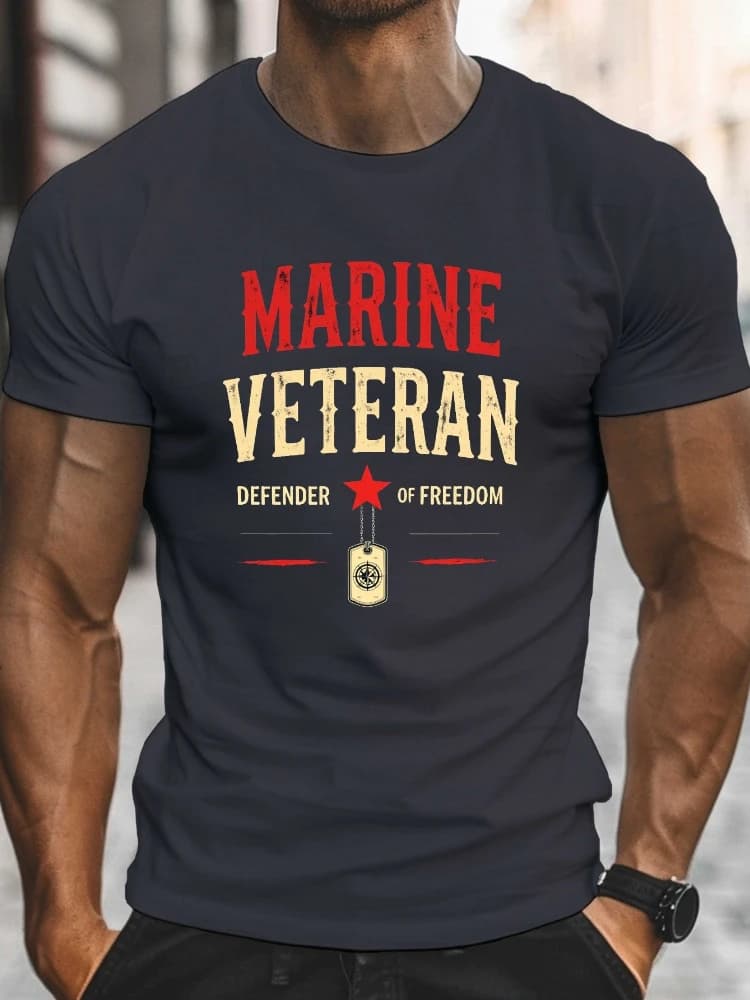 Marine Veteran Defender of Freedom with Marine Corps Insignia design-100% cotton O-neck short sleeve printed men's T-shirt.
