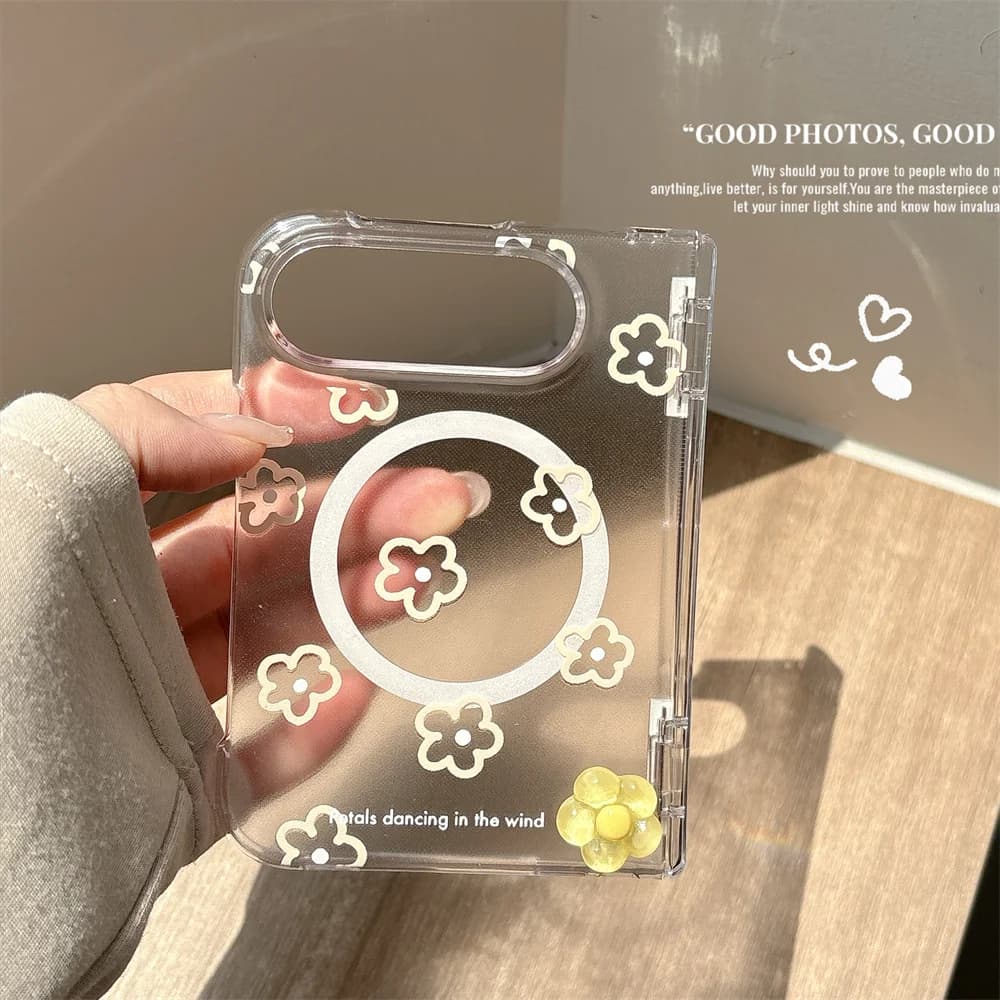Cute Yellow Flower Pop Socket Magnetic stand Phone Case For iPhone Duo Kawaii Transparent Hard Magnetic Protective Phone Cover