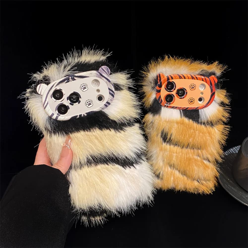 Stylish Wild Tiger Pattern Furry Plush Phone Case for 17 Pro Max 3D Animal Ear Camera Frame Protective Cover for iPhone 16 15 14