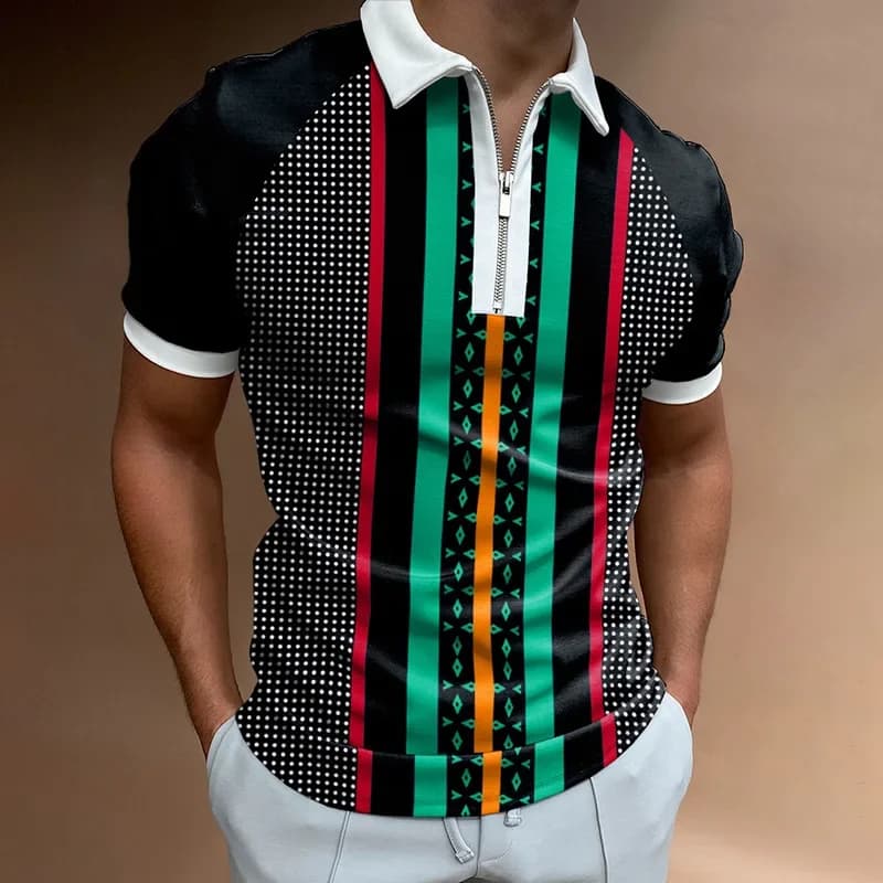 Polo T Shirt for Men Summer Chic Plaid Stripe Golf Casual polo shirts Polo Shirts Collar Zipper Design Men Street Clothes