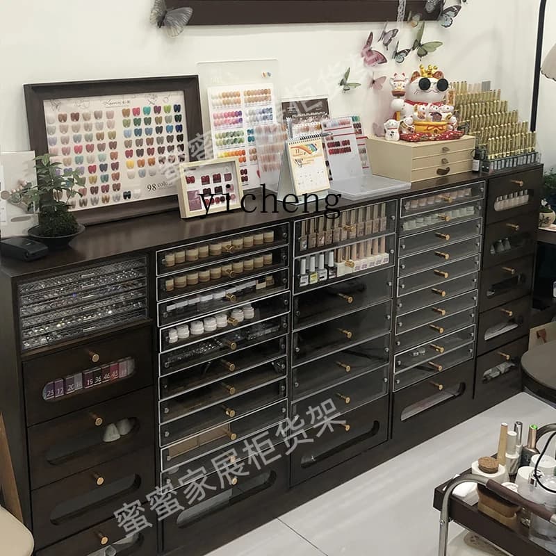 TQH Solid Wood Vintage Style Nail Art Display Cabinet Nail Polish Storage Cabinet  Gel Nail Salon Storage Cabinet