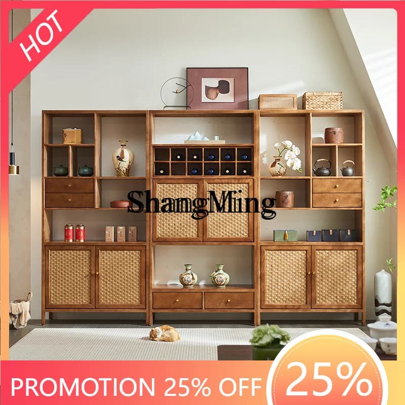 CL  wood rattan storage tea room display cabinet medieval wabi-sabi tea storage cabinet
