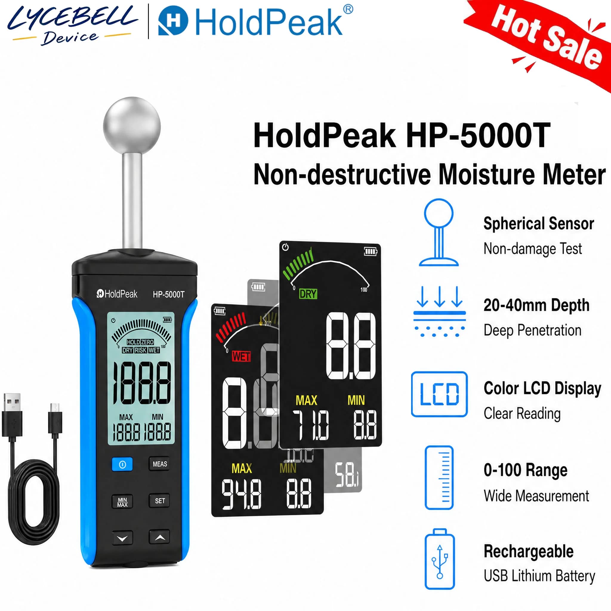 Pinless Non-destructive Moisture Meter for Concrete Wood Wall Building Materials Dampness Tester Humidity Detector, Color Screen
