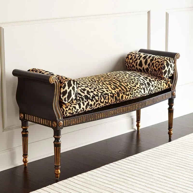 French classical solid wood old carved bedside stool light luxury fabric leopard print sofa bench