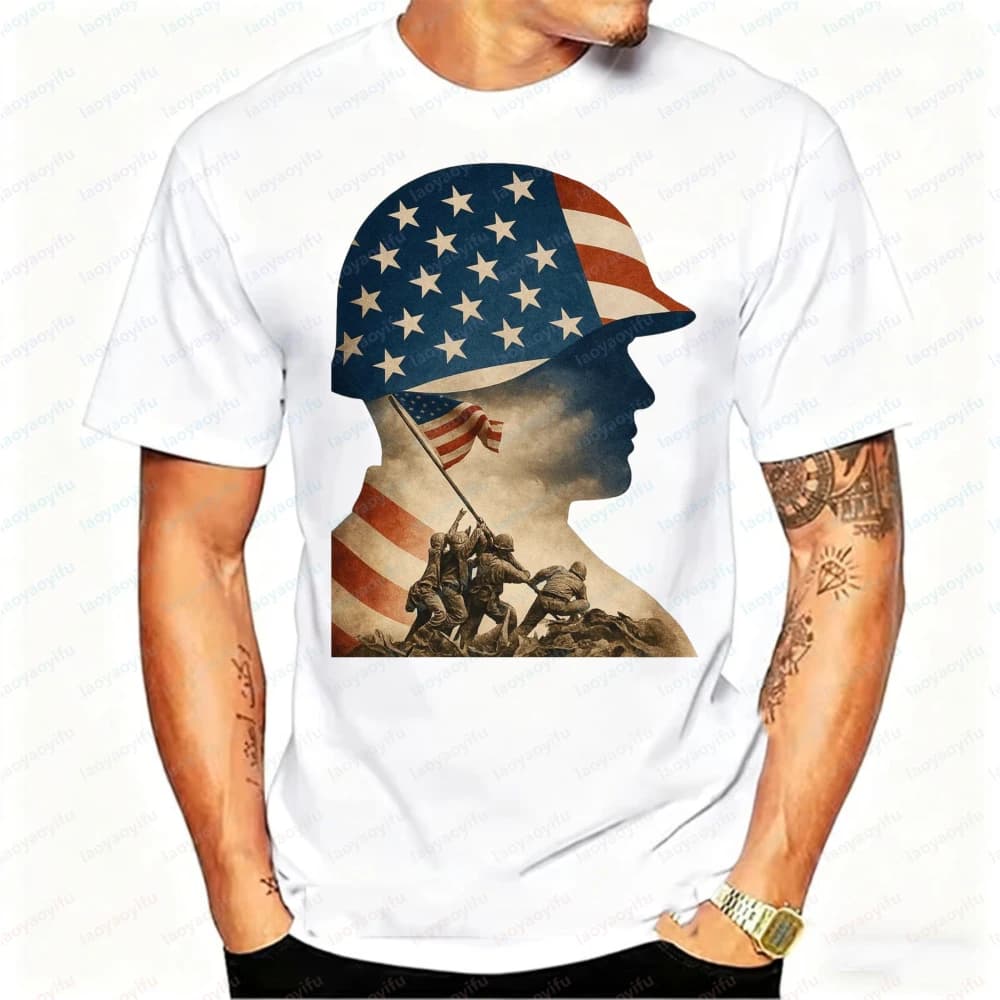 82nd Anniversary D-Day Normandy Landing 2026 T-Shirt, Men's US Soldier Helmet Flag WWII Military History Cotton Casual Shirt Top