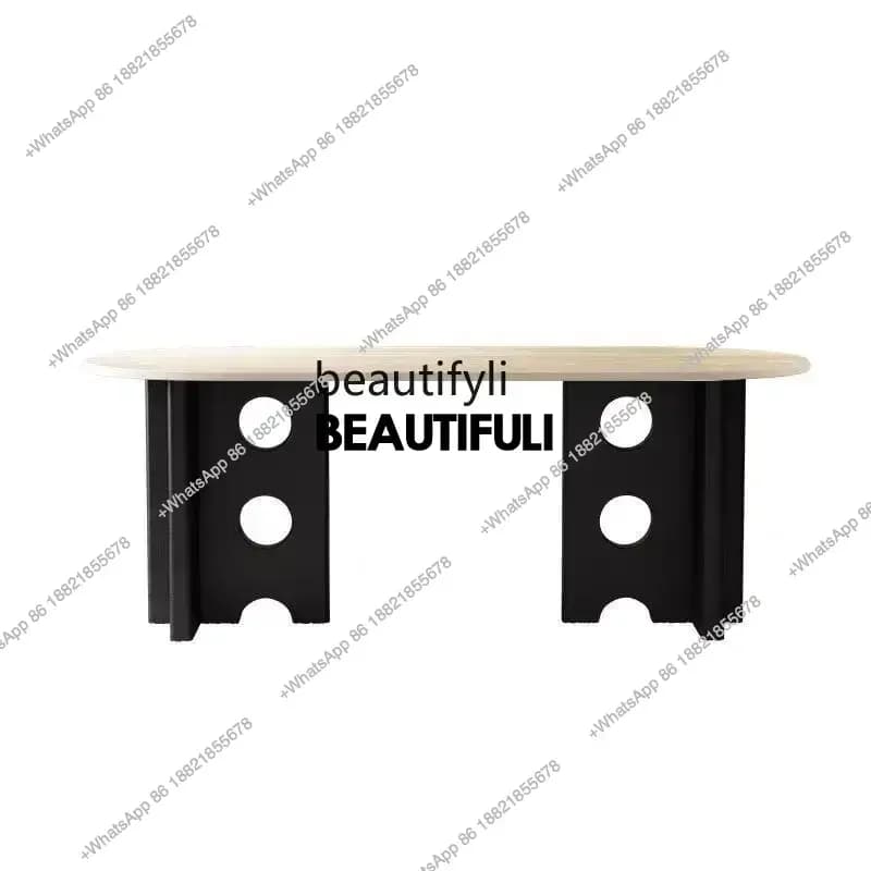 ss8350 French antique solid wood travertine rock slab dining table oval home designer retro art desk
