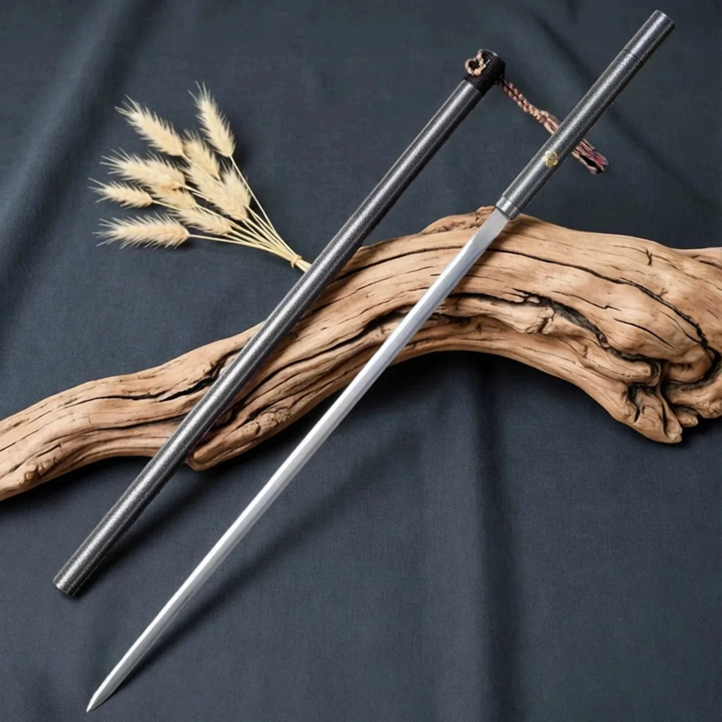 Collectible Thin Hidden Stick Sword Manganese Steel Ultra Slim Blade Black Textured Metal Scabbard Free Stand Wenwan Sword