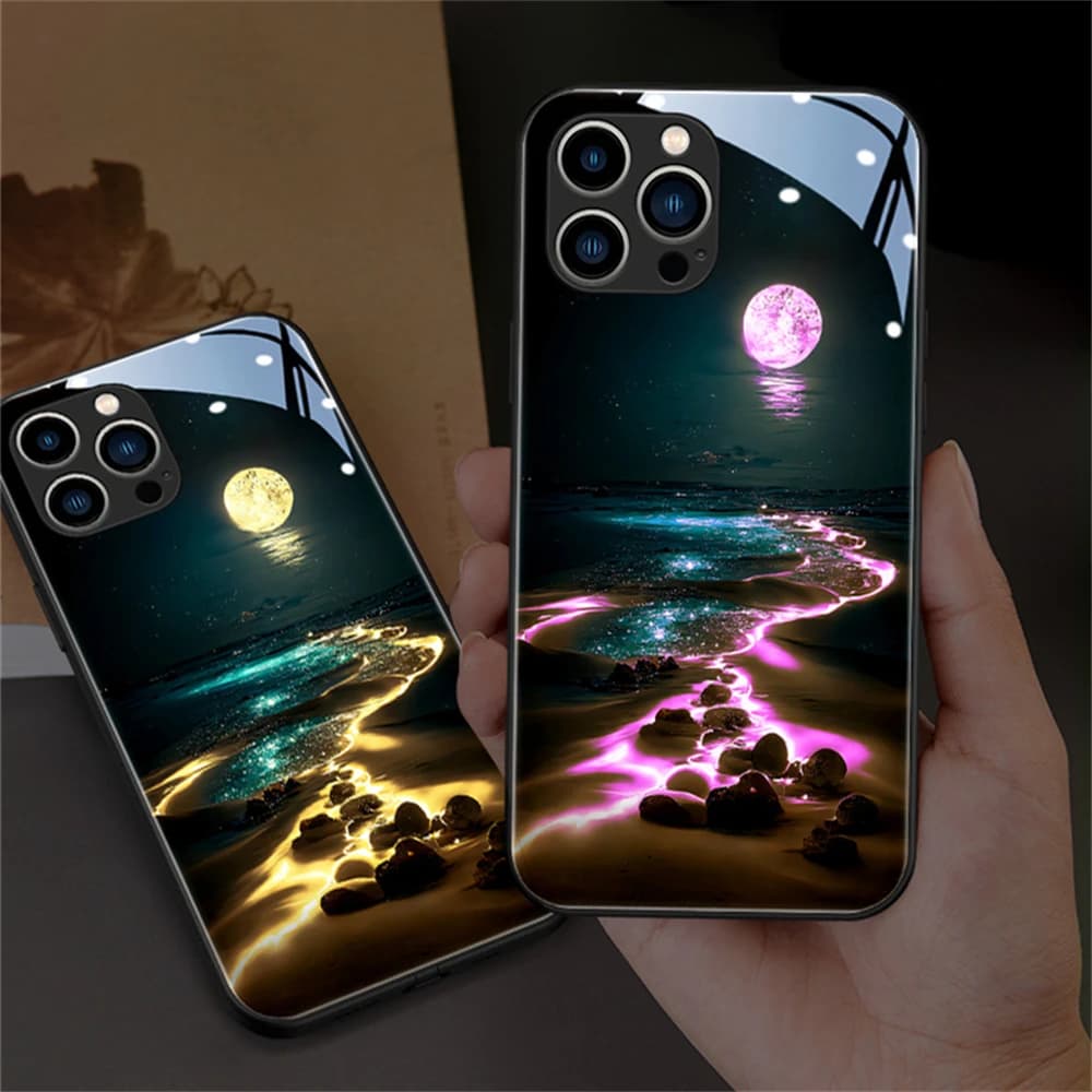 Glowing Nightlight Beach Smart LED Light Glow Tempered Glass Phone Case For iPhone Air 17 16 E 15 14 13 12 11 Pro Max Plus XR X