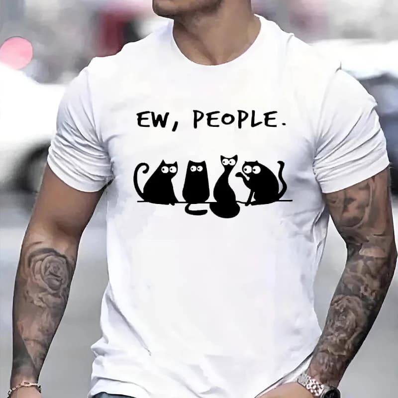 American Vintage Designed Men Woman T-shirt Ew People Letter Print Couple Tee Funny Harajuku Cartoon Black Cat Pattern Clothing
