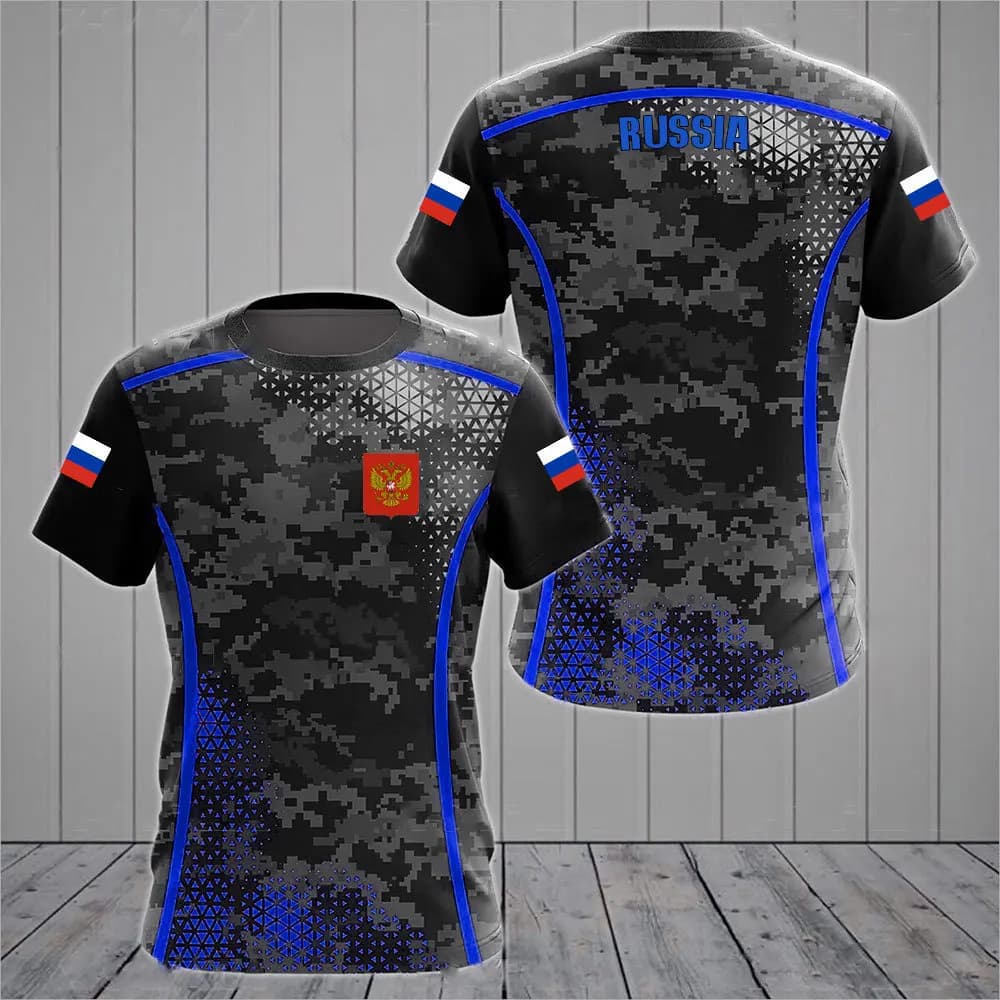 Men's Russian national emblem double headed eagle T-shirt geometric print quick drying sports T-shirt casual short sleeved tops