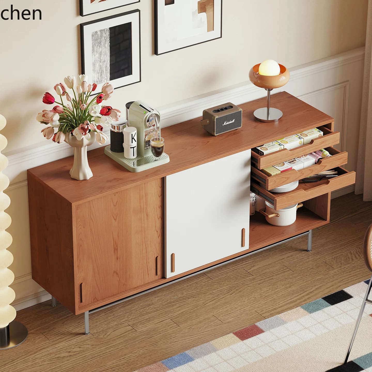 ZMLStorage Cabinet with Solid Wood and Stainless Steel Legs, Sliding Door Sideboard for Dining Room and Living Room