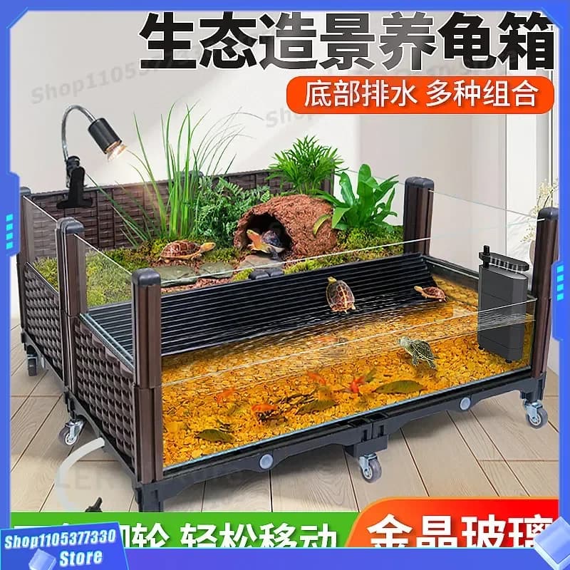 Large Glass Turtle Tank with Sun Terrace for Breeding Yellow Edge Turtles Household Amphibious Feeding Box with Landscaping