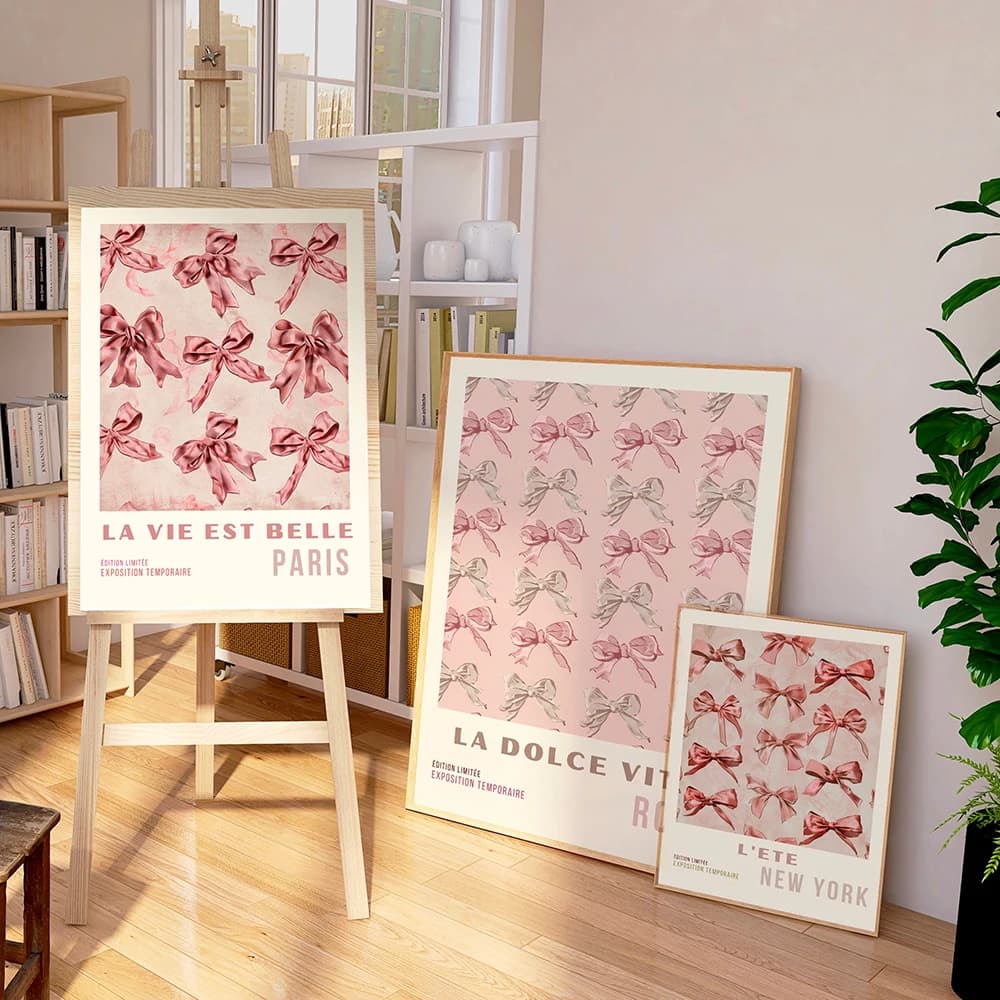 Vintage Pink Bows Trendy Wall Art Set of 3 Retro Aesthetic Print Coquette Pink Bow Poster Minimalist Girly Room Home Decor