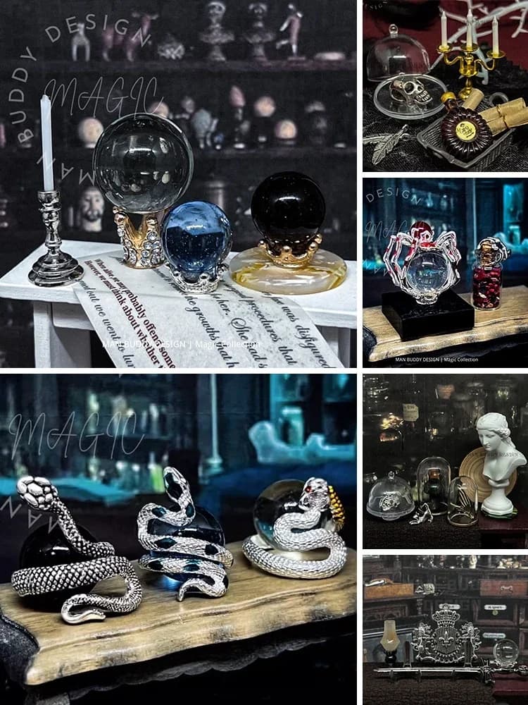 Doll House Mini Crystal Ball Spider Serpentine Crystal Ball Mini Mushroom Miniature Magic Props Blythe Dark Old Retro Decoration
