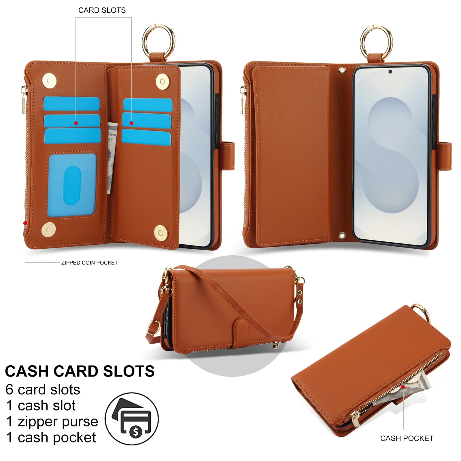 Luxury Lanyard Crossbody Zipper Leather Ring Wallet Card Case For Samsung Galaxy S26 Ultra S25 S24 S23 S22 S21 Ultra Plus Cover