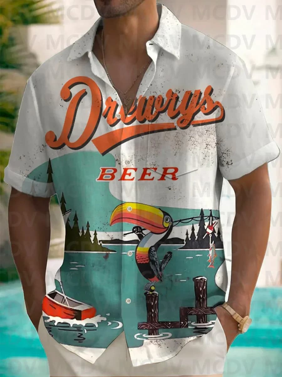 50's Retro Beer Movie Men's Hawaiian Shirts Fun Cartoon Aloha Camp Pocket Shirts 3d Hawaiian Short Sleeve