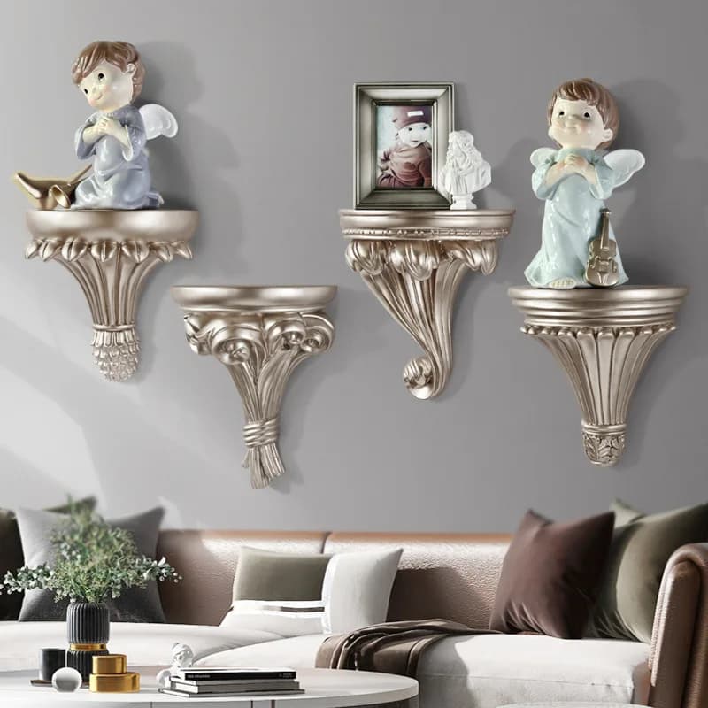 Baroque Wall-Mounted Shelf Set with Ornamental Carvings, Decorative Living Room Storage Rack, Vintage Style Display Organizer