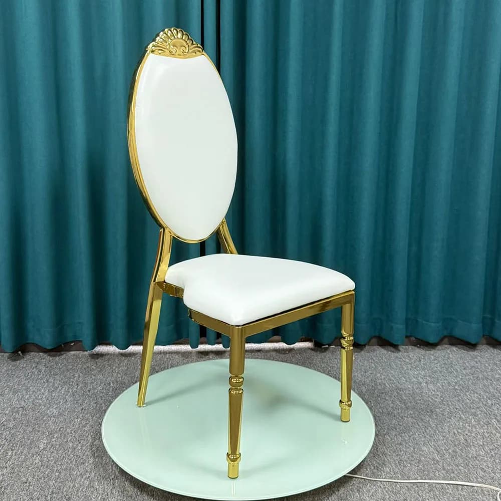 High Quality Stainless Steel Gold Round Back Banquet Chair Leather Cushion for Party Hotel