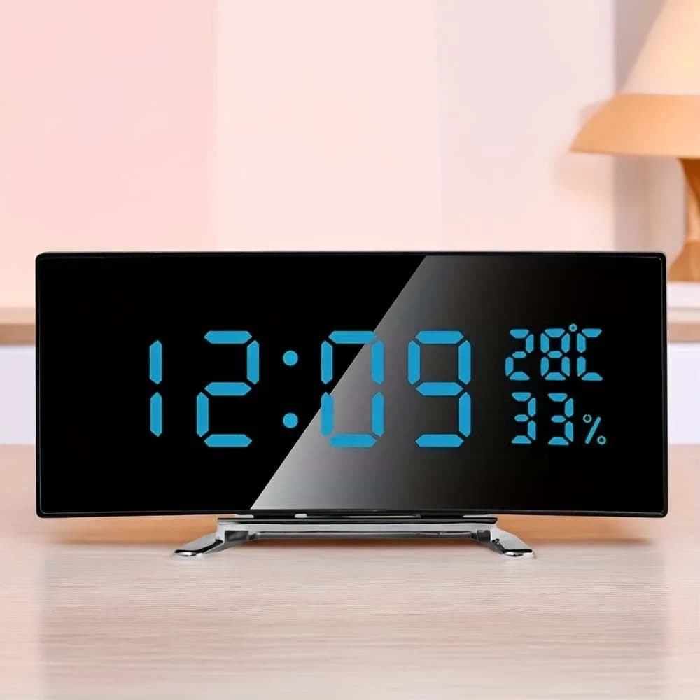Curved Screen Digital Alarm Clock Temperature Humidity Large Desk Clock Large Screen Two Set Alarms LED Digital Clock Desk Use