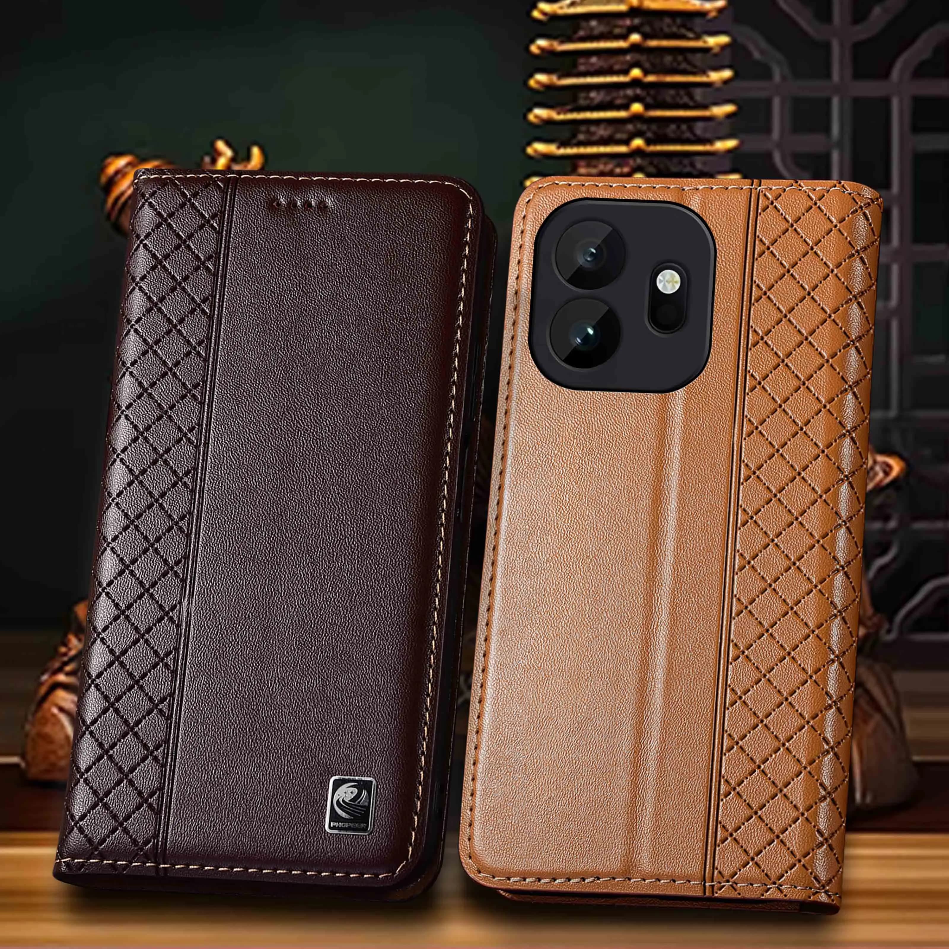 Genuine Leather Phone Case For Oneplus 10R 10T 11 12 12R 13 13R 13T 15 15T Pro Nappa Inner Mesh Pattern Flip Cover Case Cowhide
