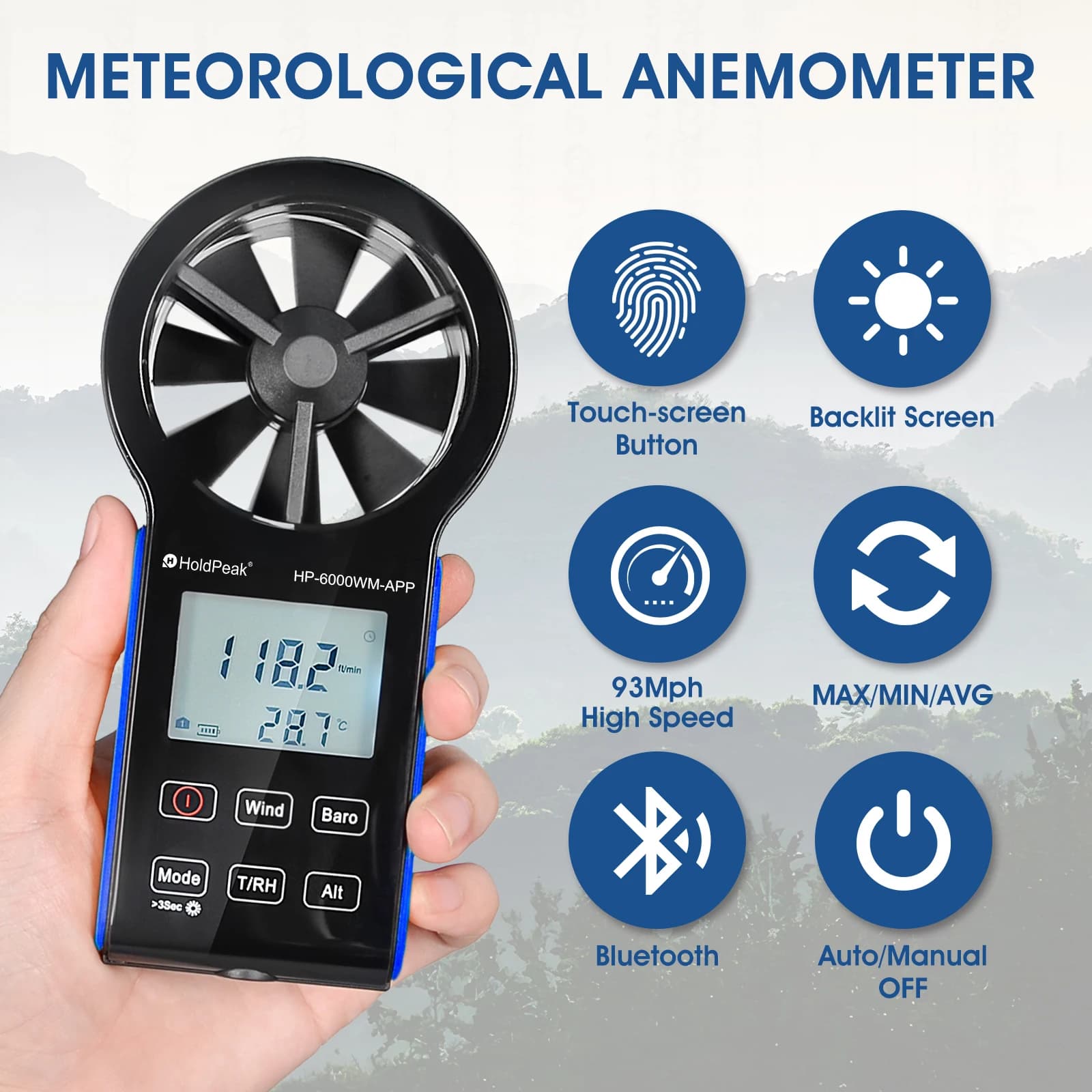 HoldPeak Smart Touch Screen Anemometer 6000-WM-APP Digital Bluetooth Linkable Wind Flow Test Meter Waterproof and Dustproof
