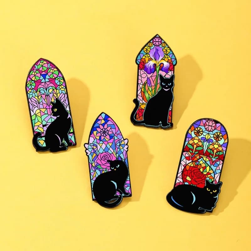 Black Cat and Church Stained Glass Window Brooch Cartoon Cat Zinc Alloy Badge Pin DIY Clothes Bags Hat Scarf T-shirt Jeans Decor