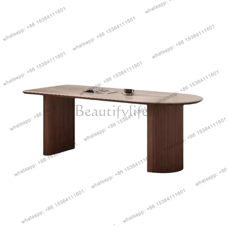 French retro solid wood dining table travertine living room semi-oval island table medieval dining table against the wall