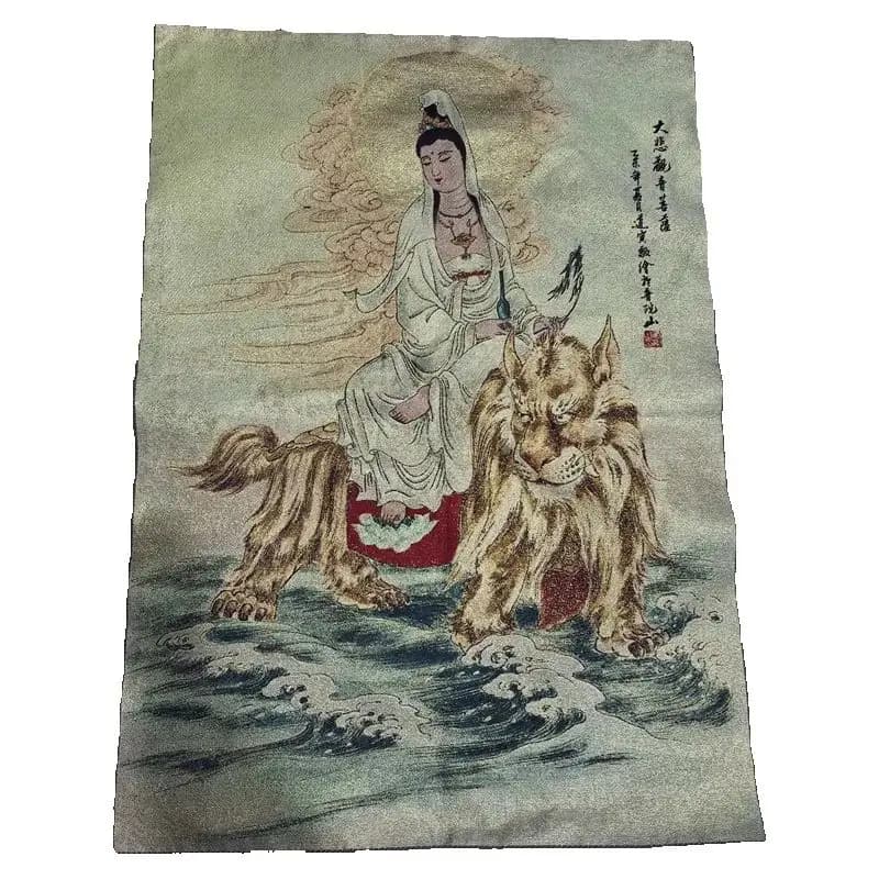 China Old Brocade Embroidery Tangka Painting - Riding Tiger Guanyin Buddha Statue - Buddhist Artwork for Home Decor