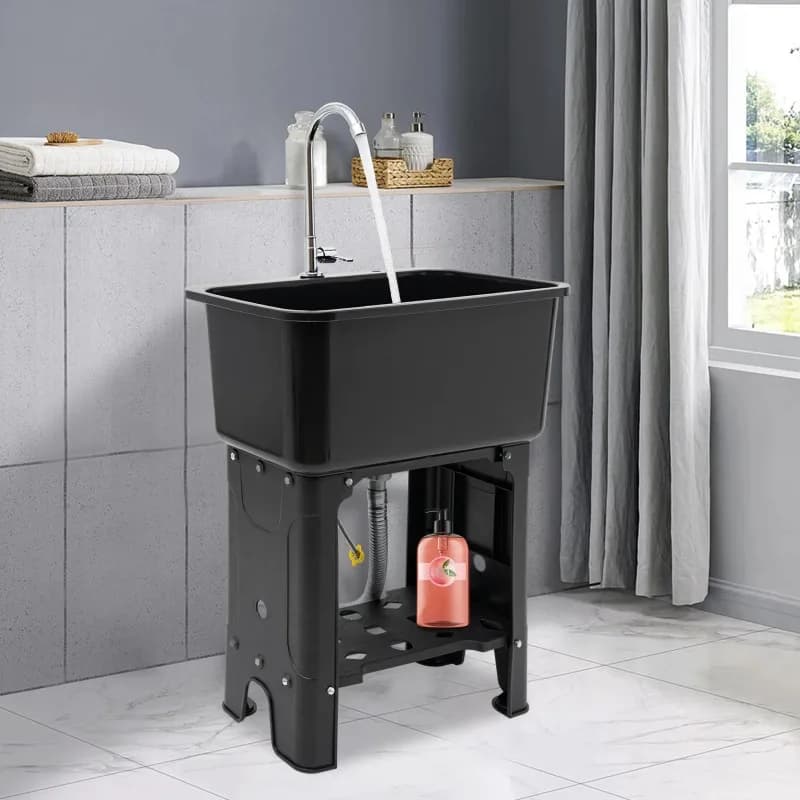 Large Utility Sink Laundry Tub (22.05x12.6x10.24"), Black Color, Quick Drainage, Full Set with Faucet, Hose, and Drain Pipe Incl