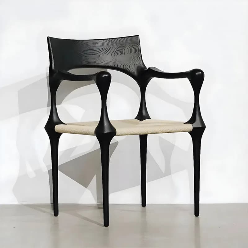 Retro Luxury Designer Black Solid Wood Dining Chair with Arms Home Small Space Leisure Living Room Restaurant Decor Novelty New