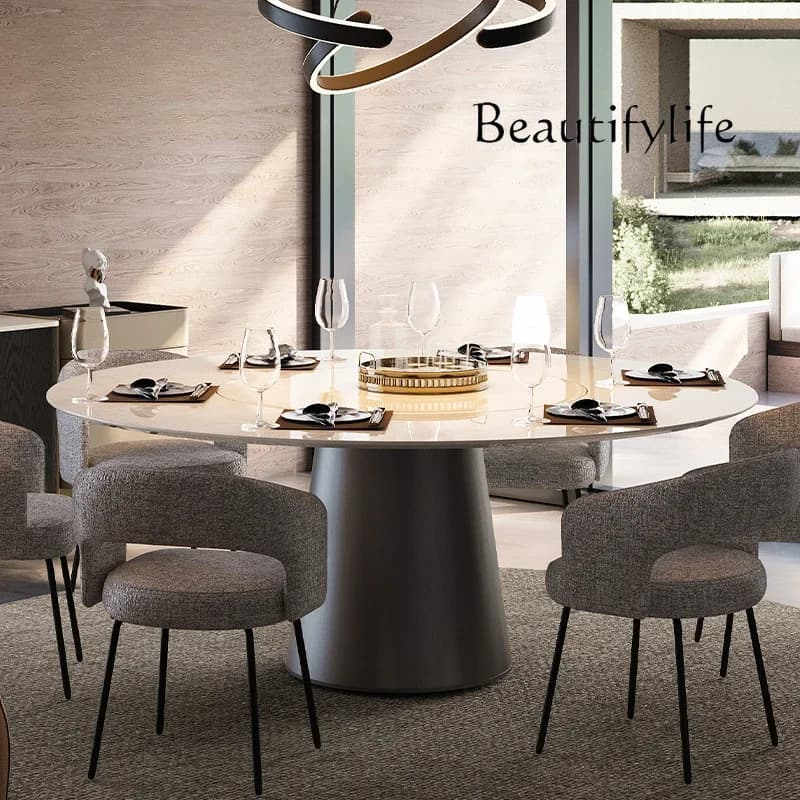 M Italian Modern Minimalist Round Table/natural Stone + Inlaid Turntable/round Marble Dining Table