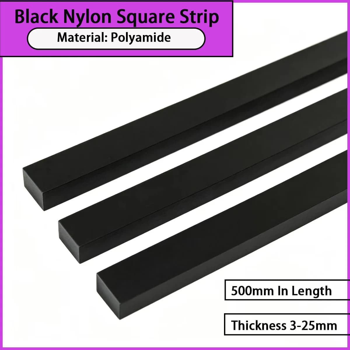 3-25mm thick black nylon square strip is used for wear-resistant stop strips and other components