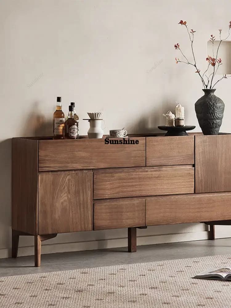 Black walnut side cabinet Nordic living room light luxury solid wood wine cabinet Storage storage cabinet