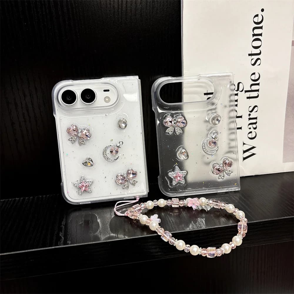 Clear Glitter 3D Pink Crystal Bow Star Phone Case For iPhone Duo Charm Pink Beaded Wrist Strap Dreamy Celestial Foldable Cover