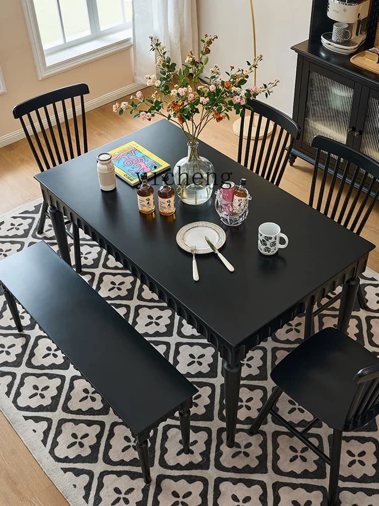 Solid Wood Dining Tables and Chairs Set Black Modern Small Apartment Rectangular Furniture