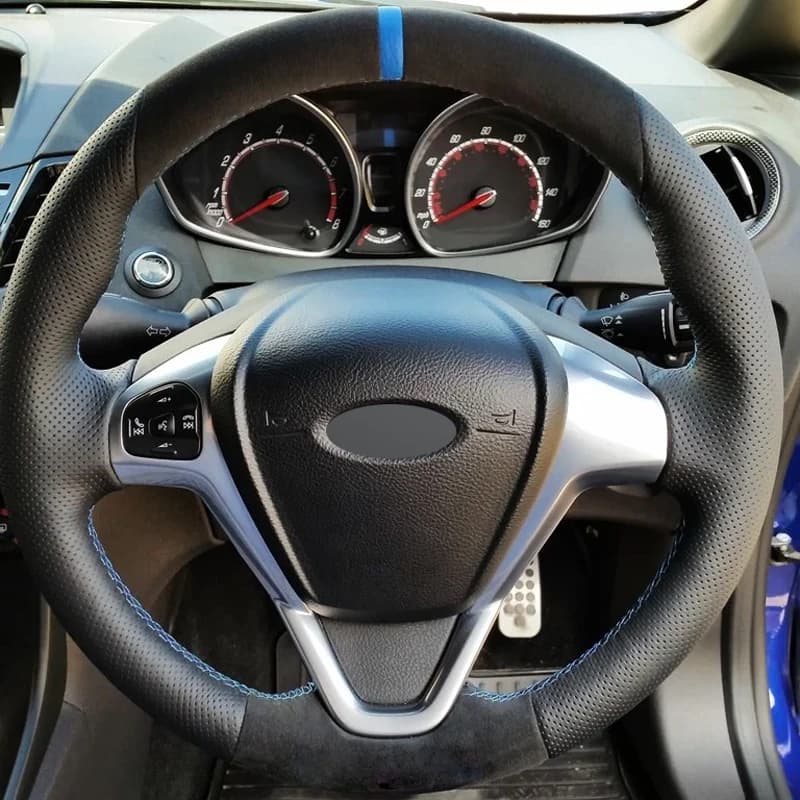Alcantara Steering Wheel Cover Real Leather Blue Thread Blue Stripe Car Accessoires for Ford MK7 FIESTA VI VII ECOSPORT B-MAX KA