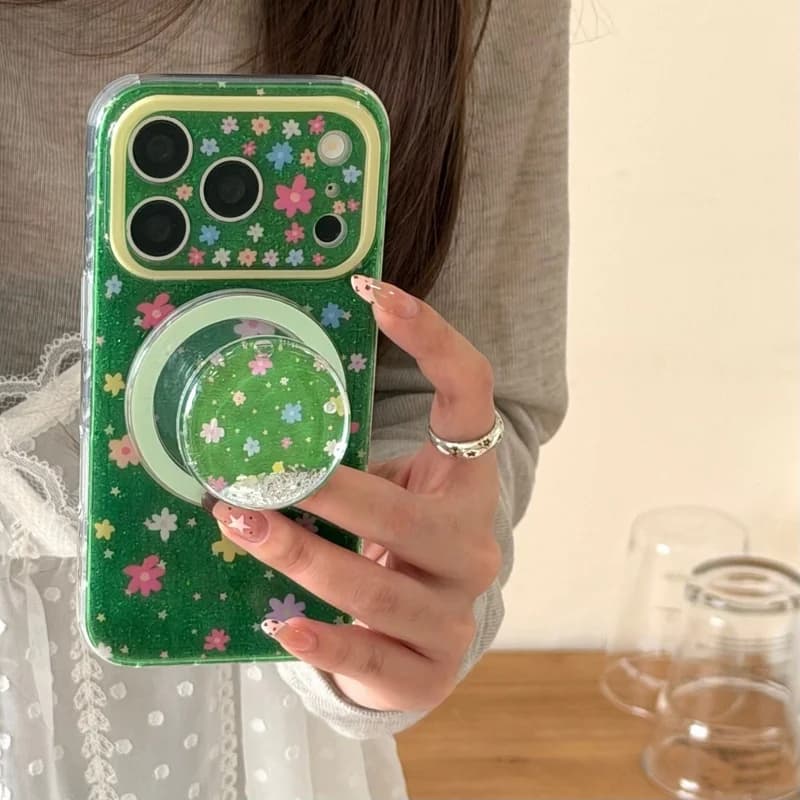Fashion Glitter Cute Flower Magnetic Phone Case For Apple iPhone 17 Pro 16 15 14 Pro Max Cover with Quicksand Stand Lovely Cases