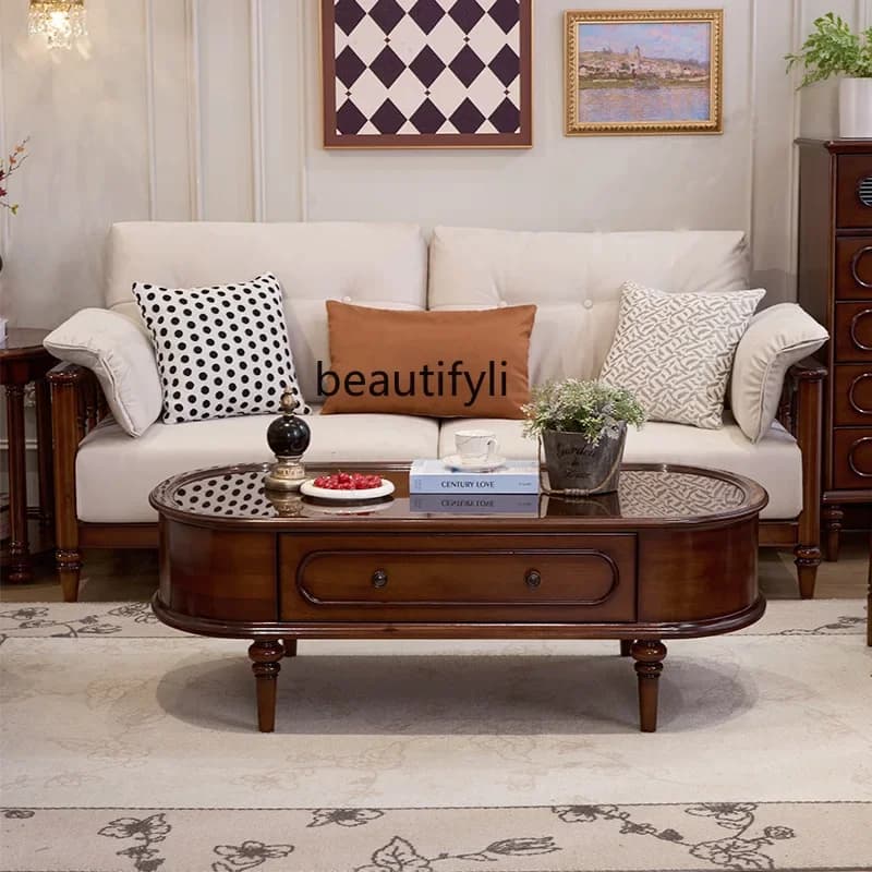 X Medieval solid wood coffee table TV cabinet combination living room furniture, retro glass storage coffee table