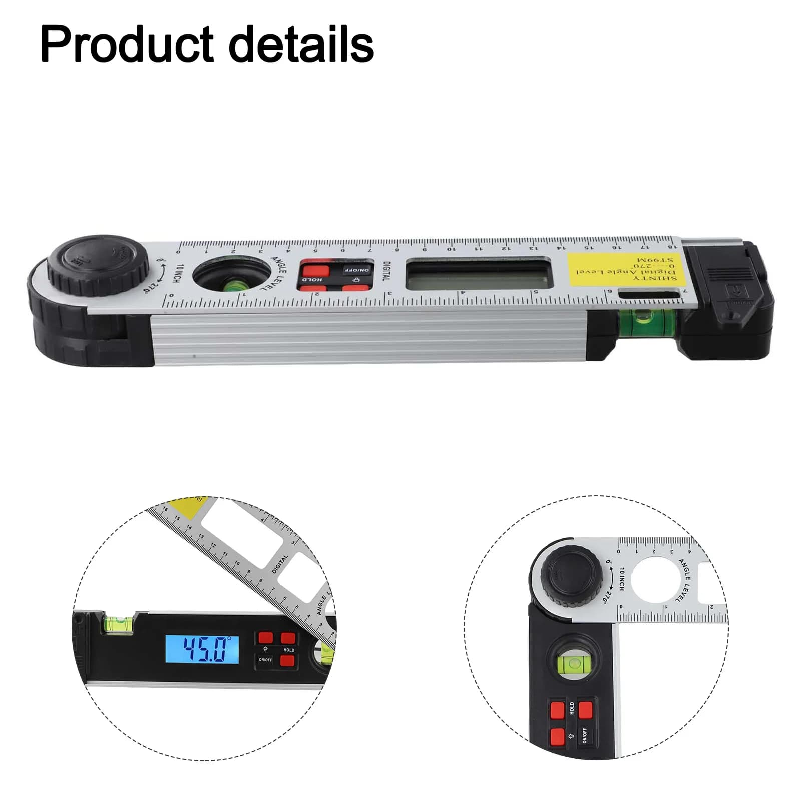 Portable Digital Angle Finder with Illumination and Integrated Level Bubbles Suitable for Various Applications